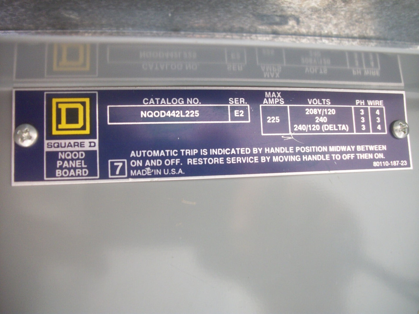 SQUARE D NQOD LOAD CENTER PANELBOARD NQOD442L225 225AMP 208Y/120/240VOLT 3PH