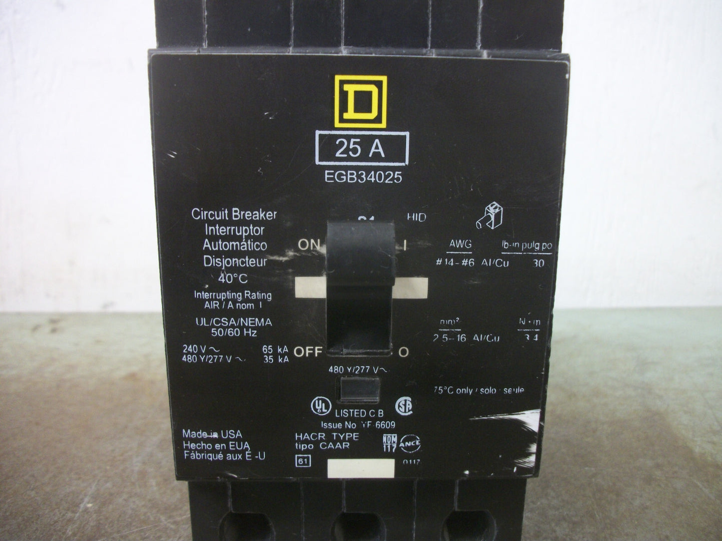 SQUARE D EGB CIRCUIT BREAKER EGB34025 25AMP 480VOLT 3POLE