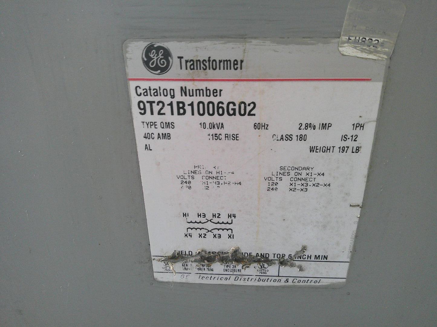 GE 10KVA 1PH TRANSFORMER 9T21B1006G02 HV 240X480 LV 120/240