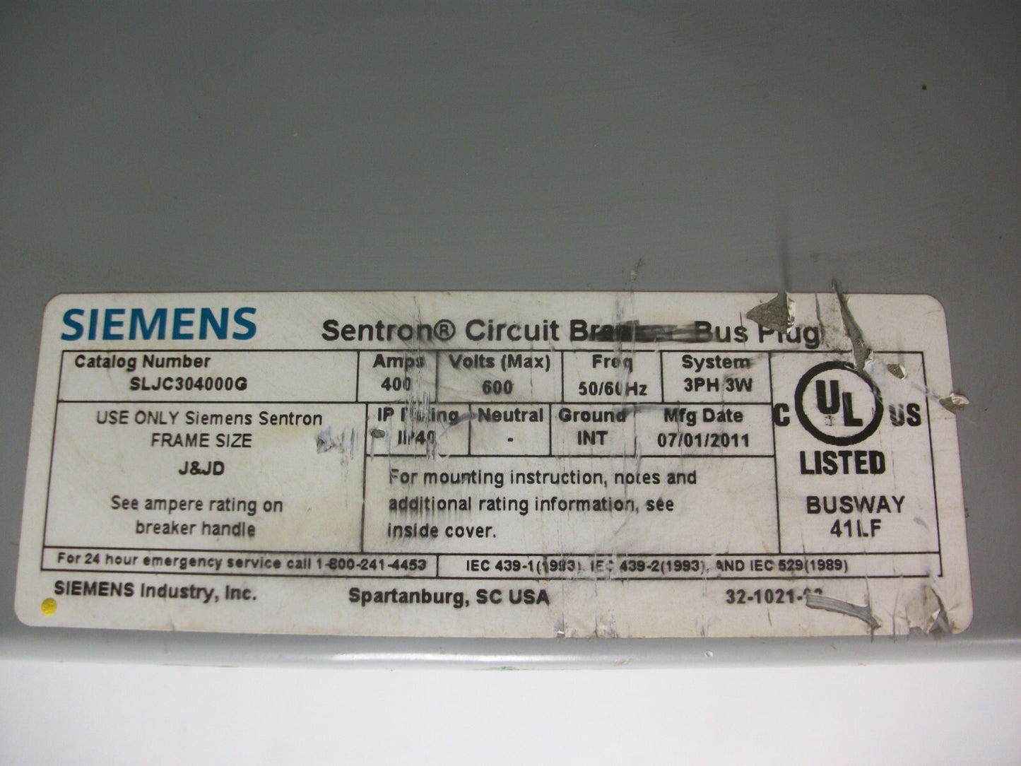 SIEMENS SENTRON CIRCUIT BREAKER BUS PLUG SLJC304000G 400AMP 600VOLT 3PH 3W