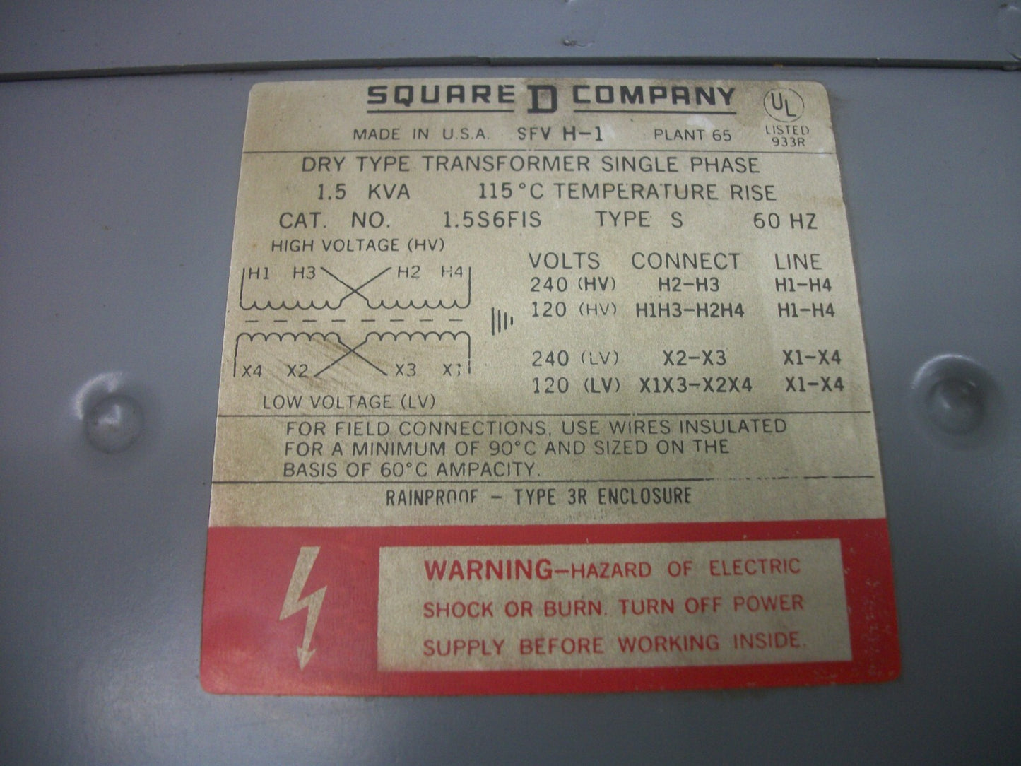 SQUARE D 1.5KVA 1PH TRANSFORMER 1.5S6FIS HV 120X240 LV 120/240
