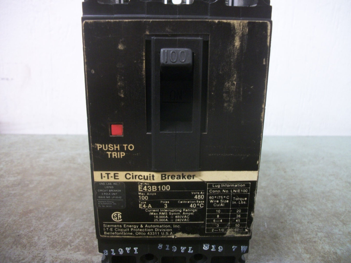 SIEMENS ITE E4-A CIRCUIT BREAKER E43B100 100AMP 480VOLT 3POLE