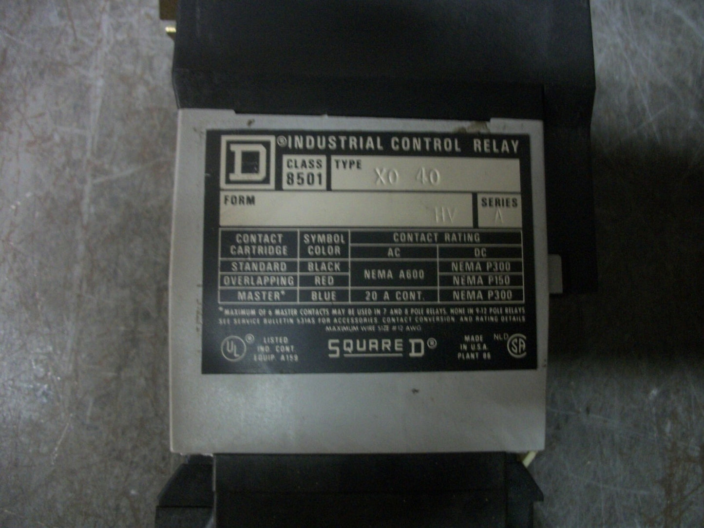 SQUARE D CONTROL RELAY 8501XO40 480VCOIL W/TIMING RELAY ATTACHMENT 8501XTE1