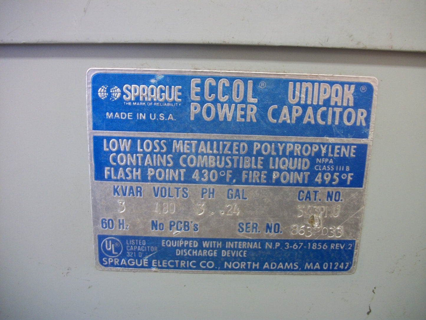 SPRAGUE ECCOL UNIPAK POWER CAPACITOR 343PMU 3KVAR 480VOLT 3PH