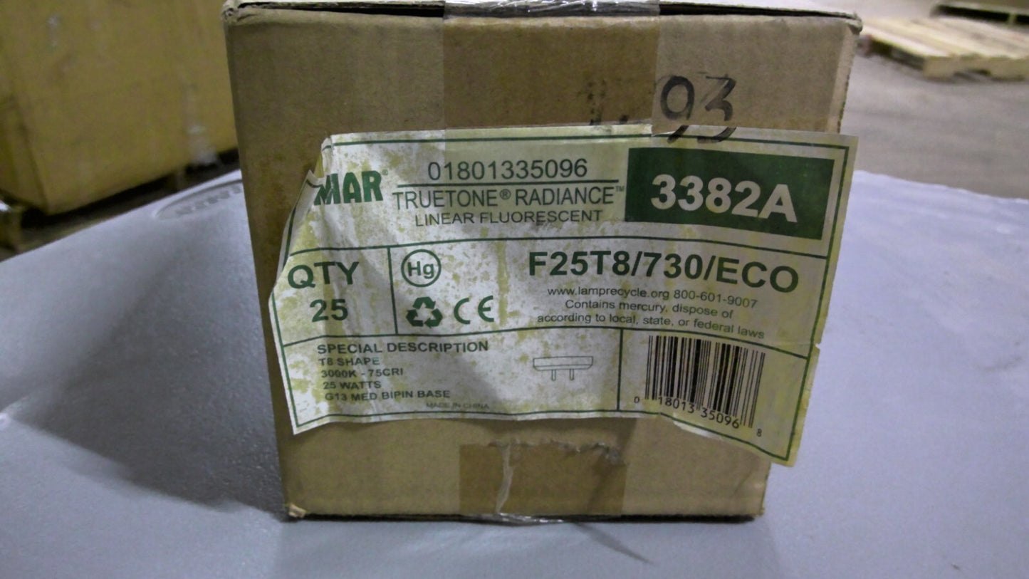 DAMAR 3382A BOX OF 25 T8 3000K FLOURESCENT BULBS F25T8/730/ECO NIB