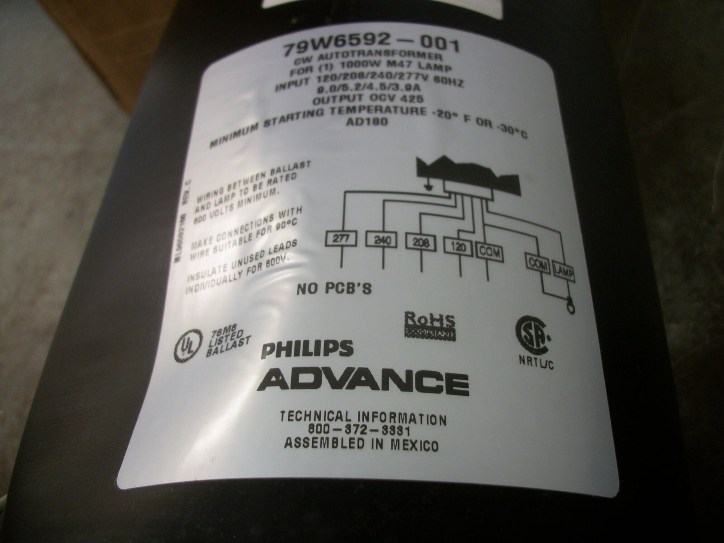 ADVANCE CW AUTOTRANSFORMER FOR 1000WATT M47 LAMP 79W6592-001 NIB
