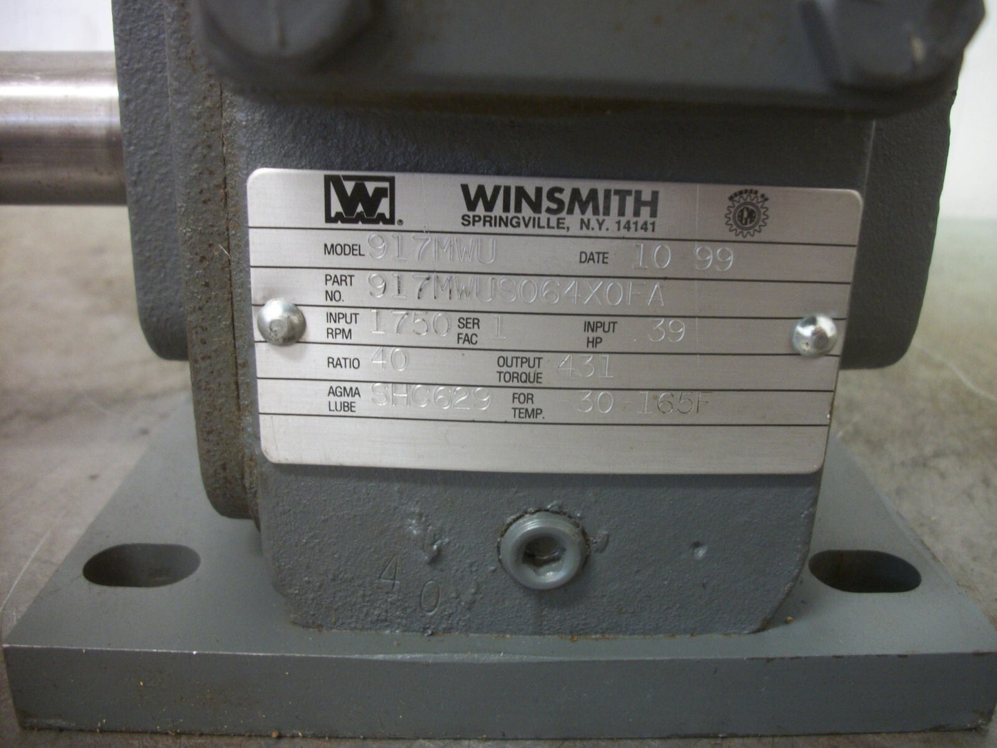 WINSMITH 917MWU 40:1 RATIO RIGHT ANGLE GEAR REDUCER 917MWUS064X0FA 1750RPM NOB