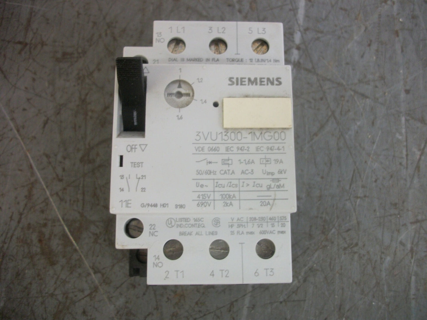 SIEMENS MOTOR PROTECTOR CIRCUIT BREAKER 3VU1300-1MG00 1-1.6AMP