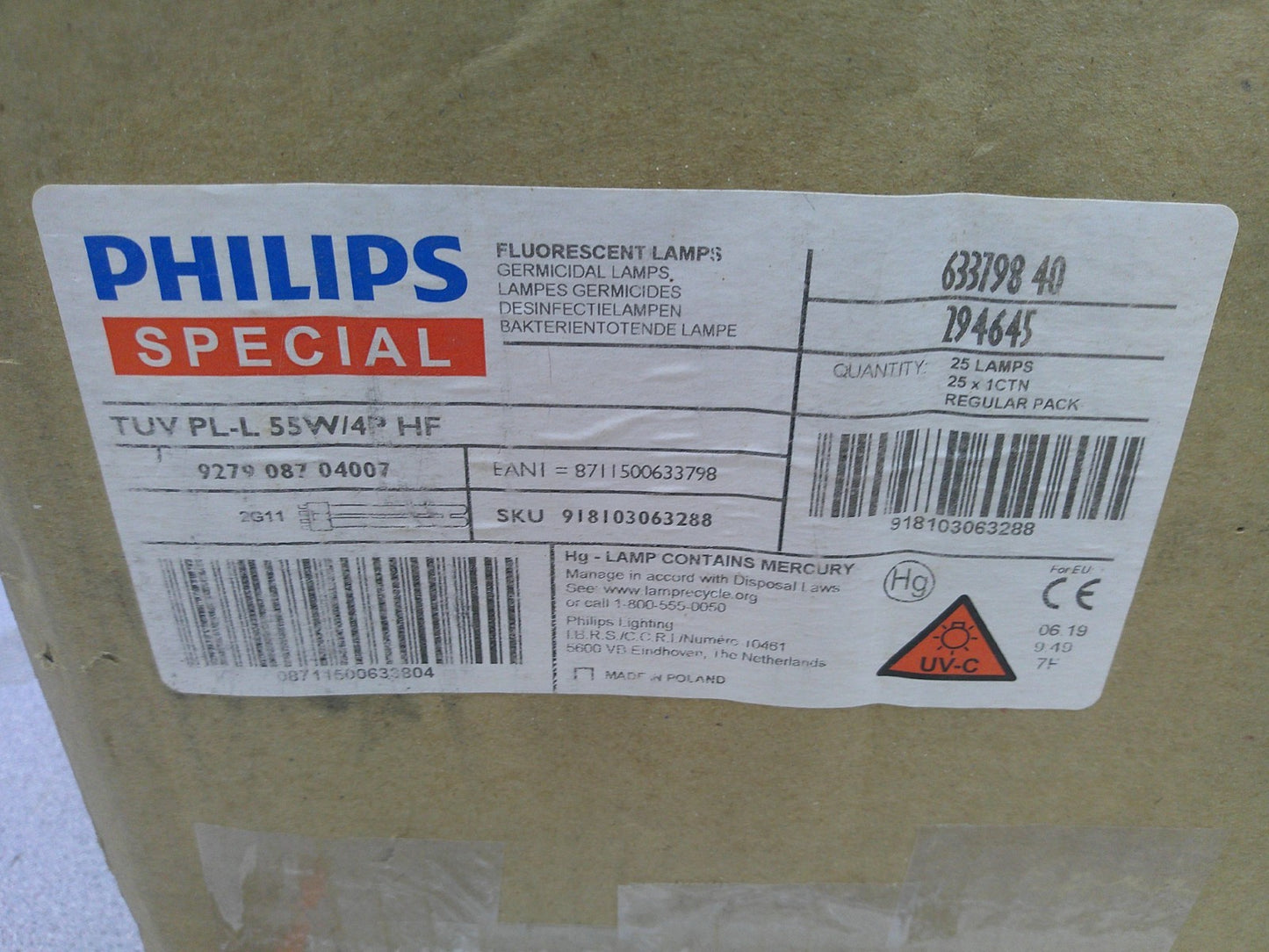 PHILIPS BOX OF 25 55WATT GERMICIDAL FLUORESCENT LAMPS TUV PL-L 55W/4P HF NIB