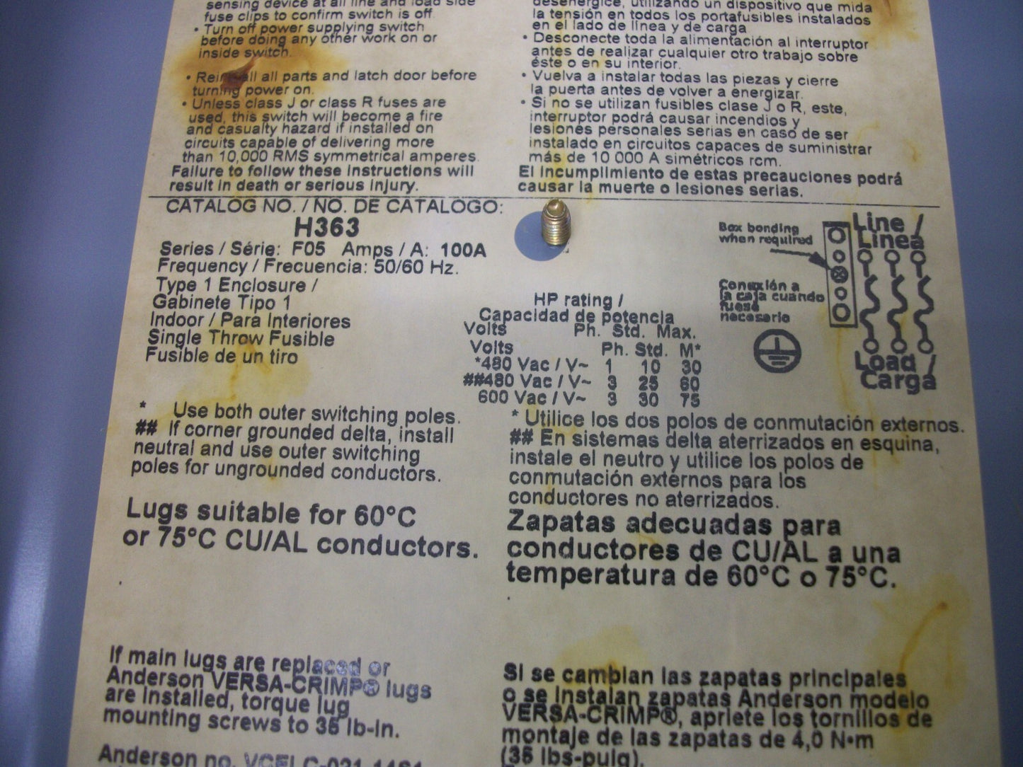 SQUARE D DISCONNECT TYPE 1 H363 100AMP 600VOLT 3POLE FUSIBLE MISS ARC SHIELD