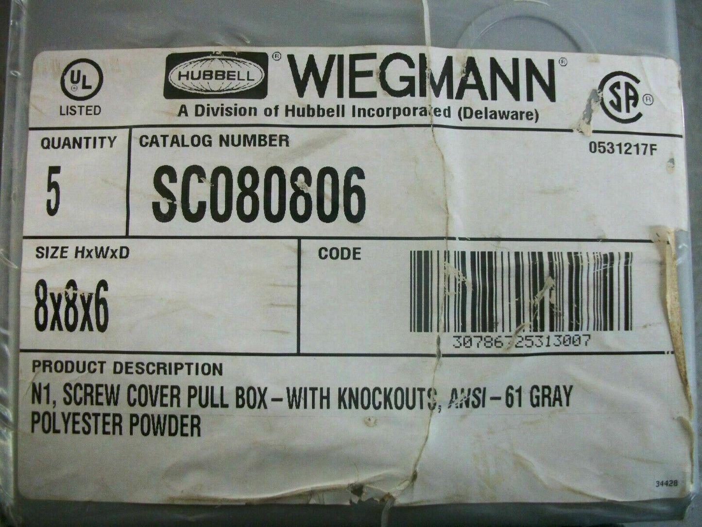 WIEGMANN 8X8X6 SCREW COVER PULL BOX ENCLOSURE TYPE 1 SC080806 NEW