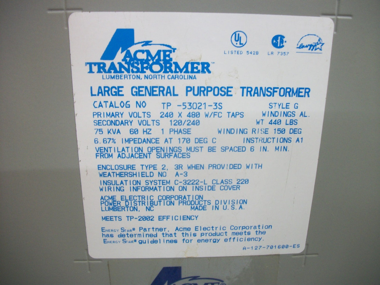 ACME 75KVA 1PH TRANSFORMER TP-53021-3S HV 240X480 LV 120/240