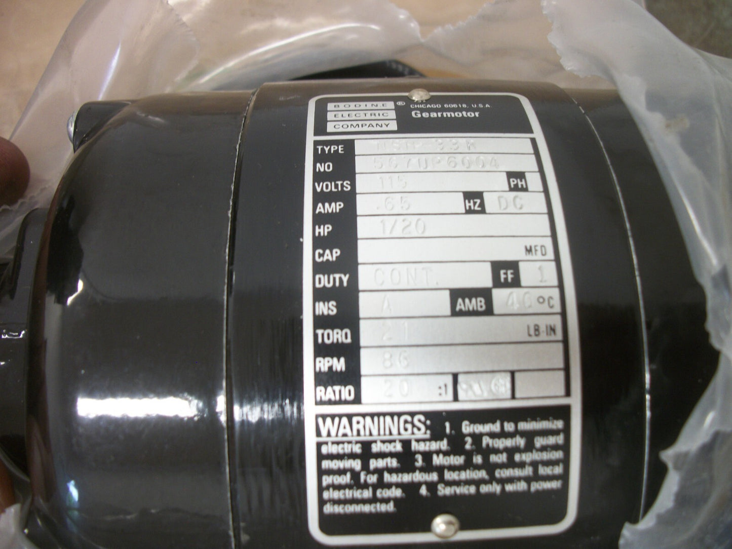 BODINE 1/20HP 20:1 RATIO DC GEARMOTOR NSH-33R 115VOLT .65AMP 86RPM NOB