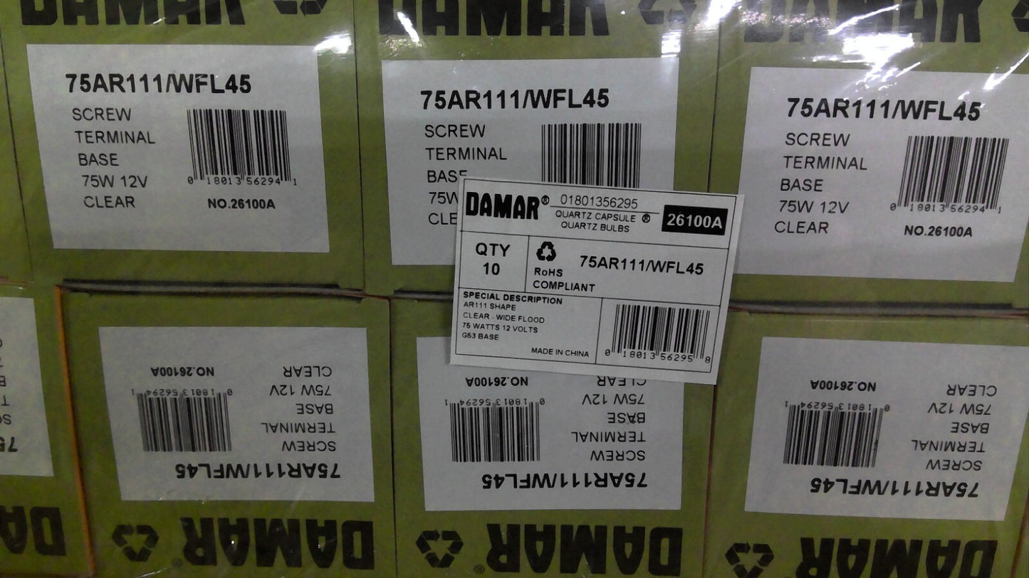 DAMAR 26100A LOT OF 10 AR111 CLEAR WIDE 75AR111/WFL45 FLOOD QUARTZ BULBS