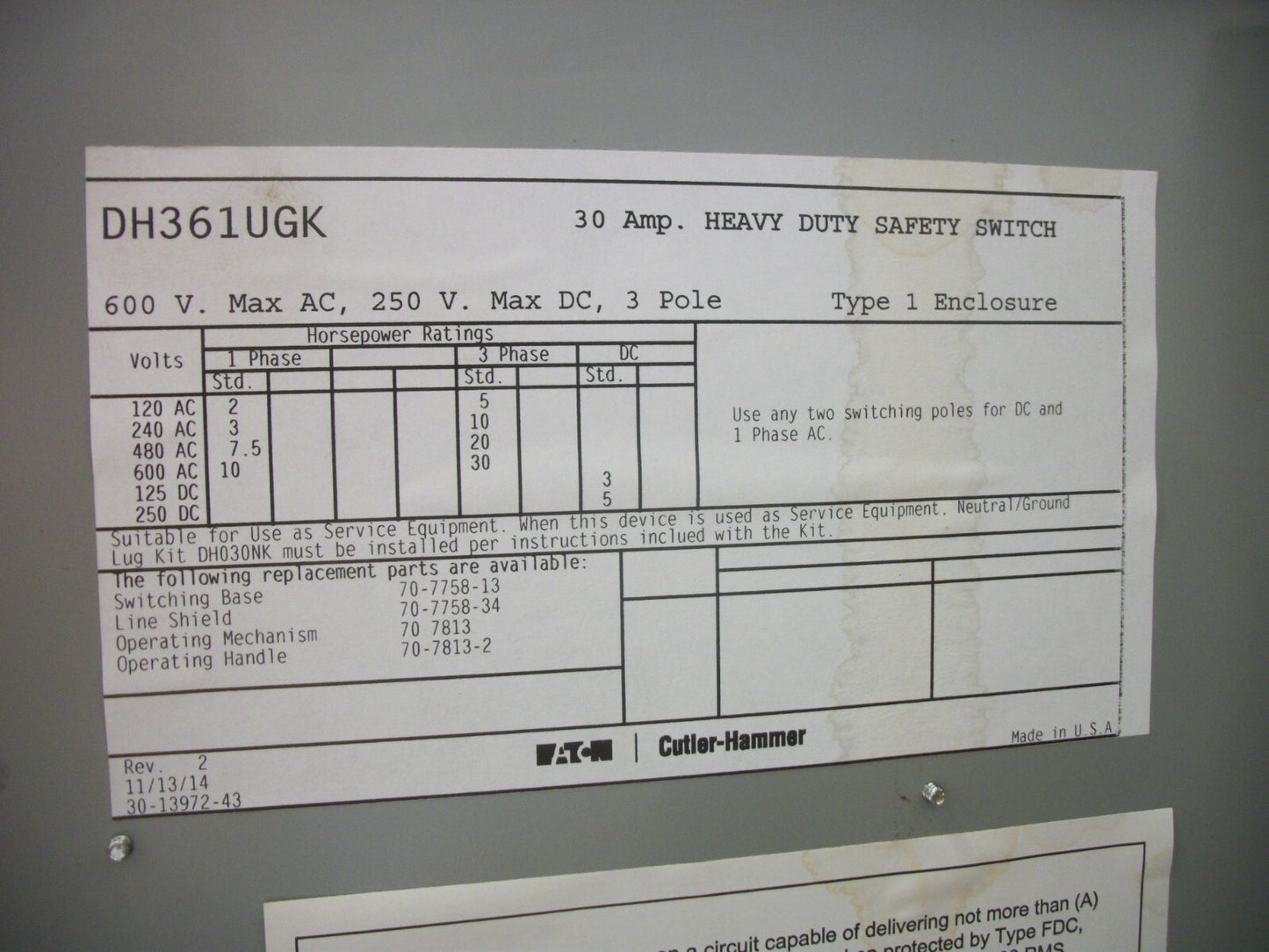 CUTLER-HAMMER DISCONNECT TYPE 1 DH361UGK 30AMP 600VOLT 3POLE NON-FUSIBLE