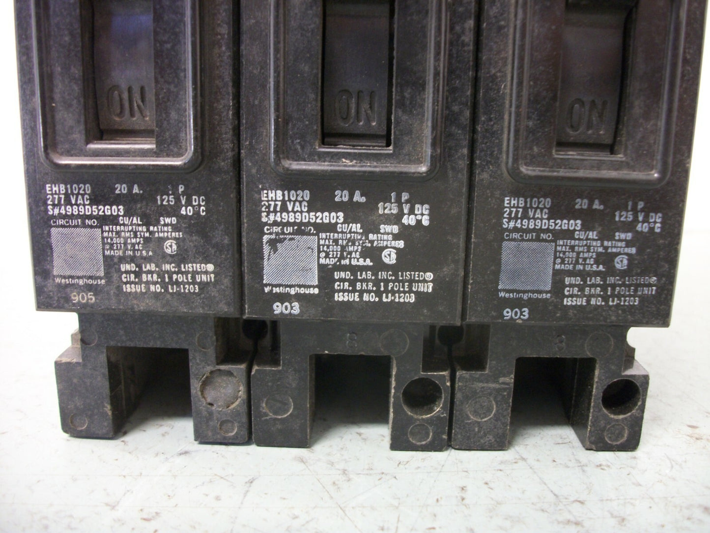 WESTINGHOUSE LOT OF 3 EHB CIRCUIT BREAKERS EHB1020 20AMP 277VOLT 1POLE