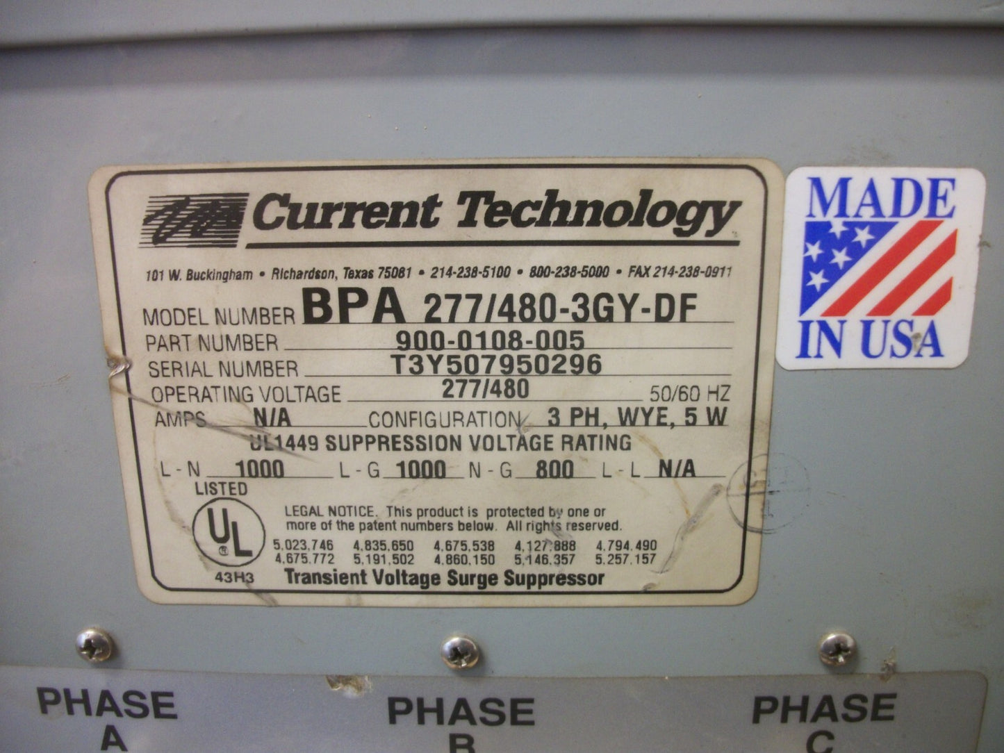 CURRENT TECHNOLOGY TRANSIENT VOLTAGE SURGE SUPPRESSOR BPA 277/480-3GY-DF