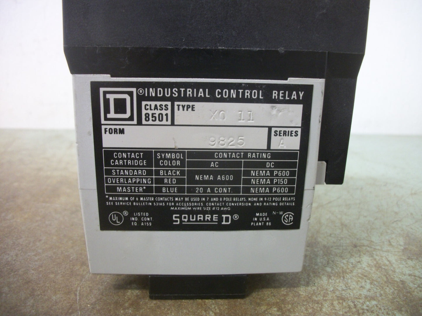 SQUARE D TYPE X CONTROL RELAY 8501XO11 8501X011 120VCOIL