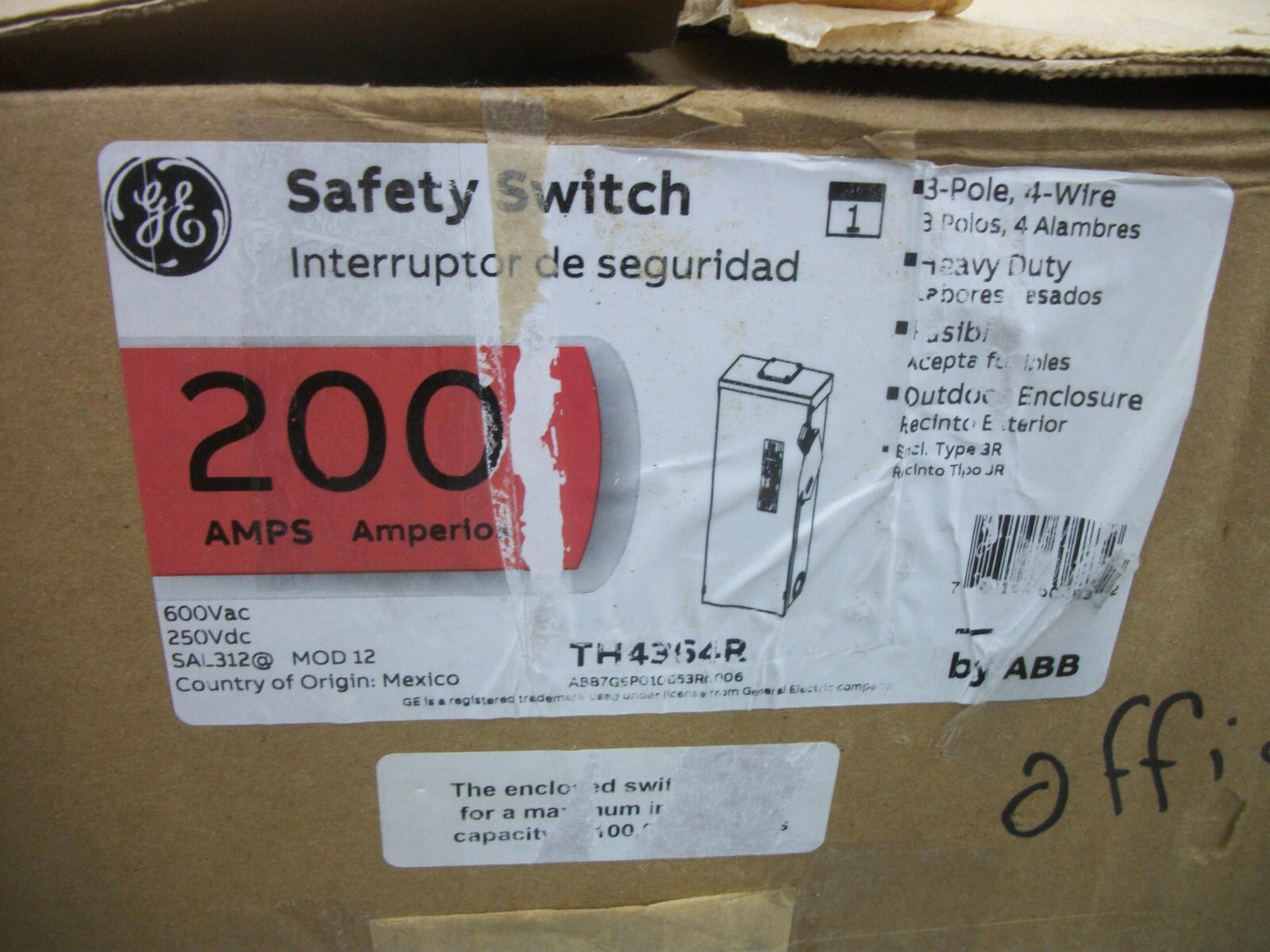 GE DISCONNECT TYPE 3R TH4364R 200AMP 600VOLT 3POLE FUSIBLE NIB