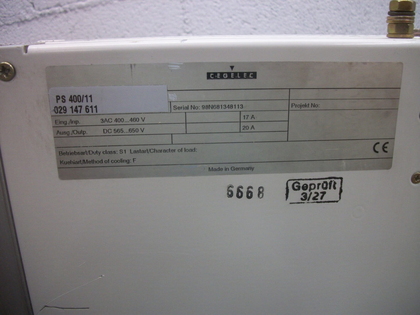 AEG CEGELEC PS400/11 SERVO POWER SUPPLY DRIVE 029.147.611 565-650VDC 20AMP