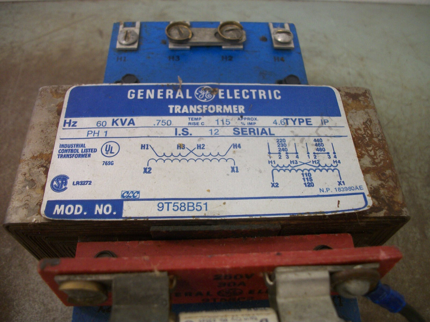 GE .750KVA 1PH TRANSFORMER 9T58B51 HV 220X480 LV 110/120