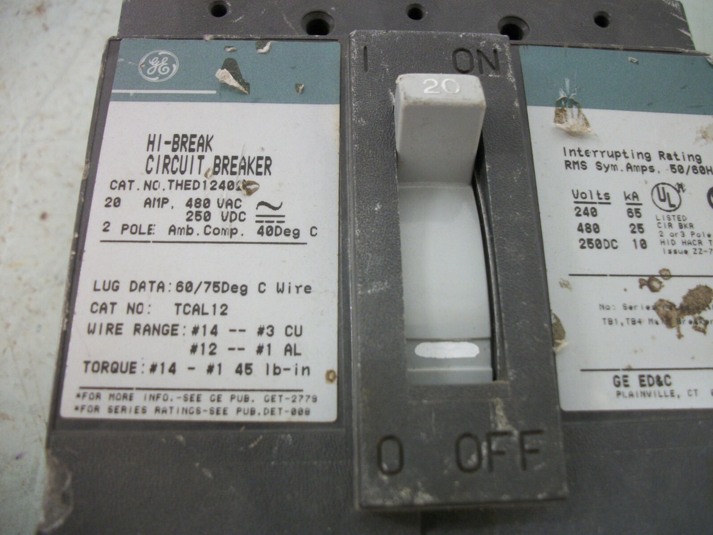 GE THED CIRCUIT BREAKER THED124020 20AMP 480VOLT 2POLE GREEN