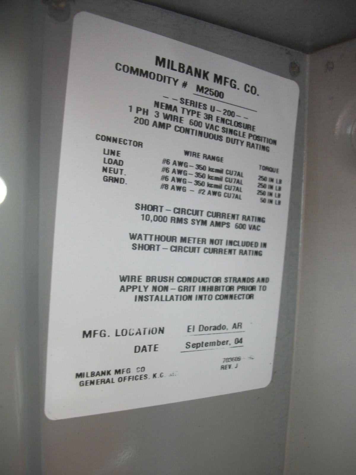 MILBANK SERIES U-200 METER SOCKET PANEL M2500 200AMP 600VOLT 1PH 3W NOB