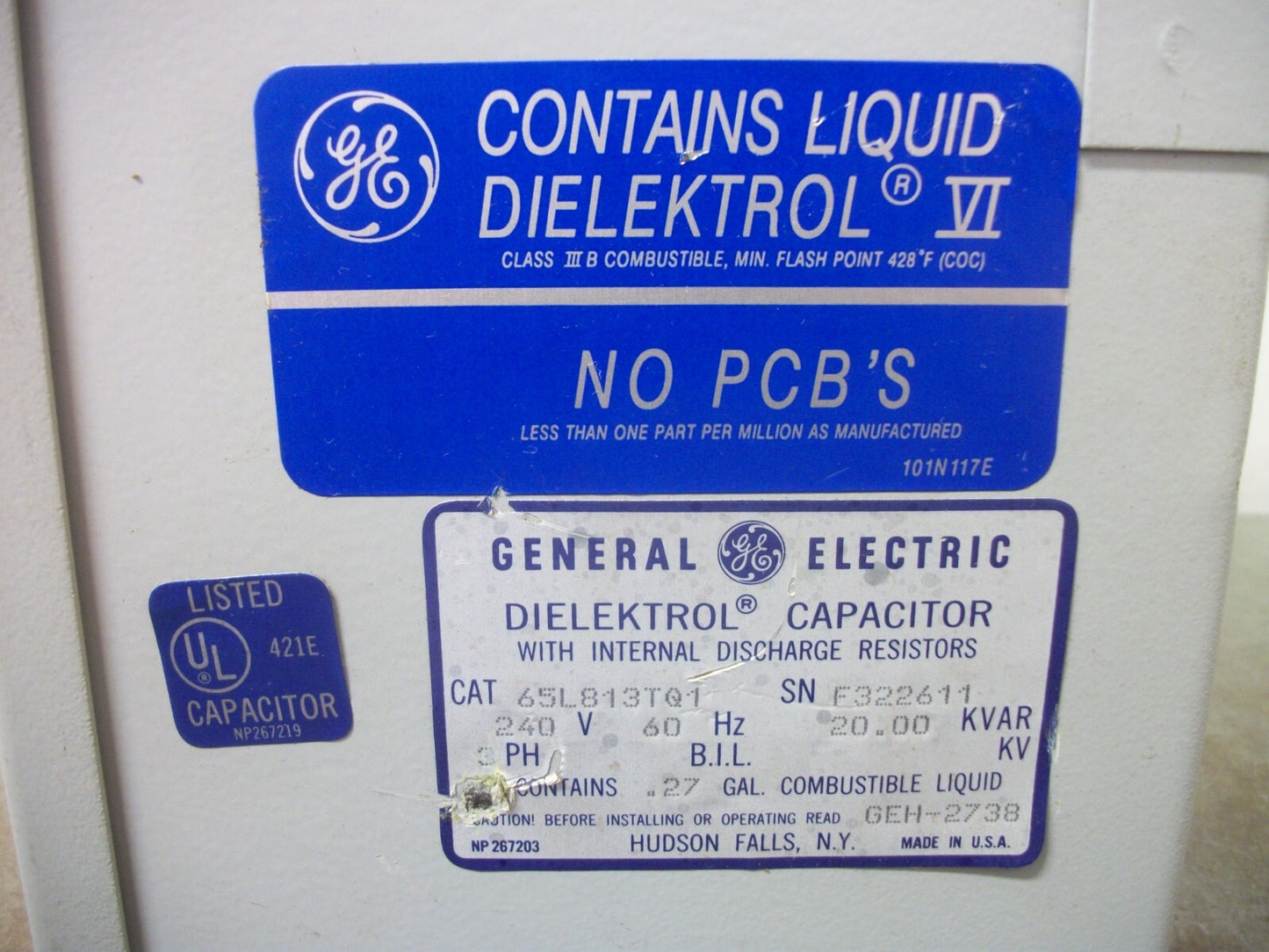 GE DIELEKTROL CAPACITOR W/ DISCHARGE RESISTORS 65L813TQ1 20KVAR 240VOLT 3PH NOB