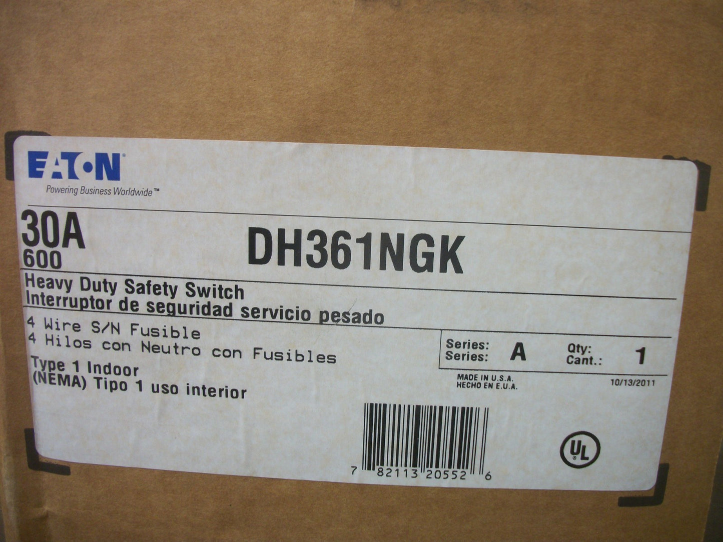 CUTLER-HAMMER DISCONNECT TYPE 1 DH361NGK 30AMP 600VOLT 3POLE FUSIBLE NIB