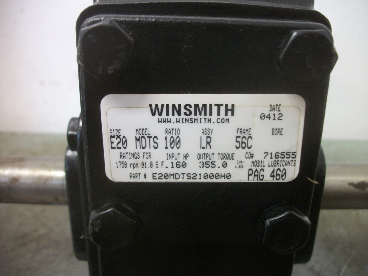 WINSMITH SIZE E20 MDTS 100:1 RATIO GEAR REDUCER E20MDTS21000H0 1750RPM NOB