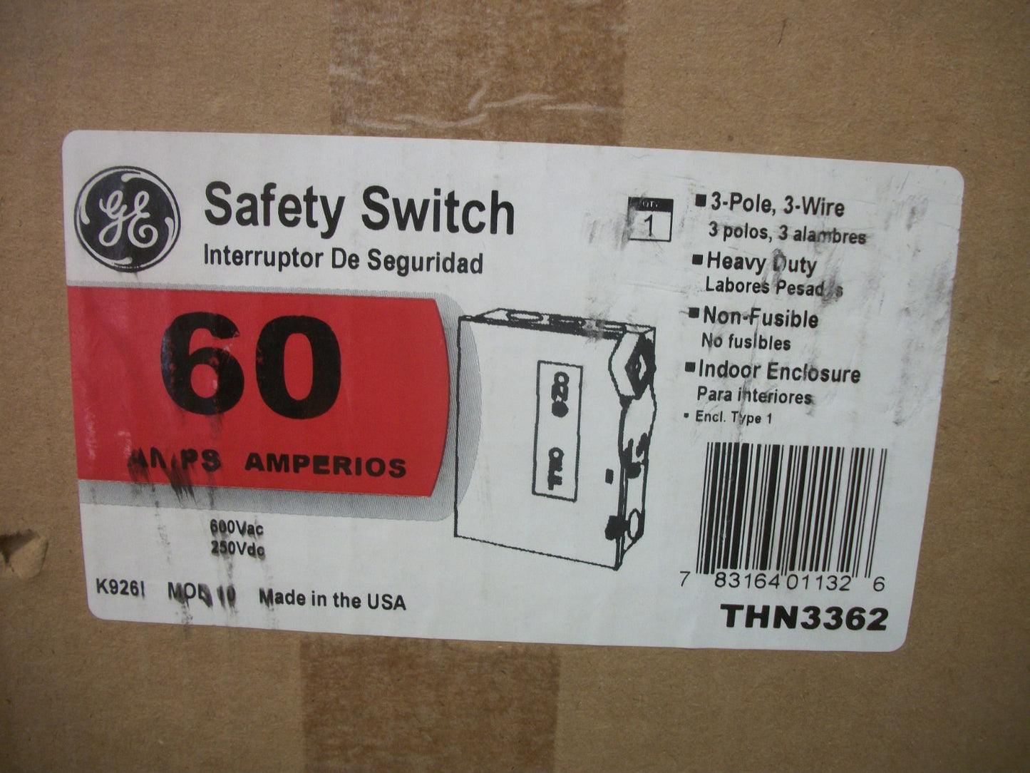 GE DISCONNECT TYPE 1 THN3362 60AMP 600VOLT 3POLE NON-FUSIBLE NIB