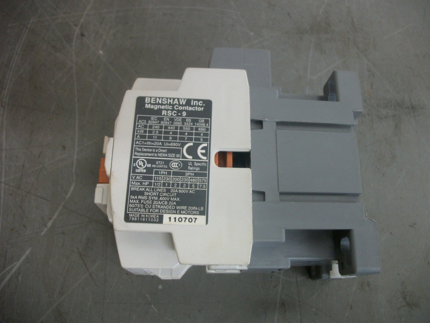 BENSHAW SIZE 00 CONTACTOR RSC-9 20AMP 120VCOIL 3PH 600V 7.5HP