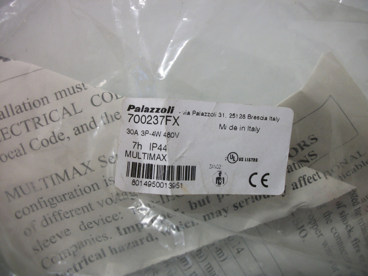 PALAZZOLI MULTIMAX PLUG & SLEEVE CONNECTOR 700237FX 30AMP 480VOLT 3POLE 4W NEW