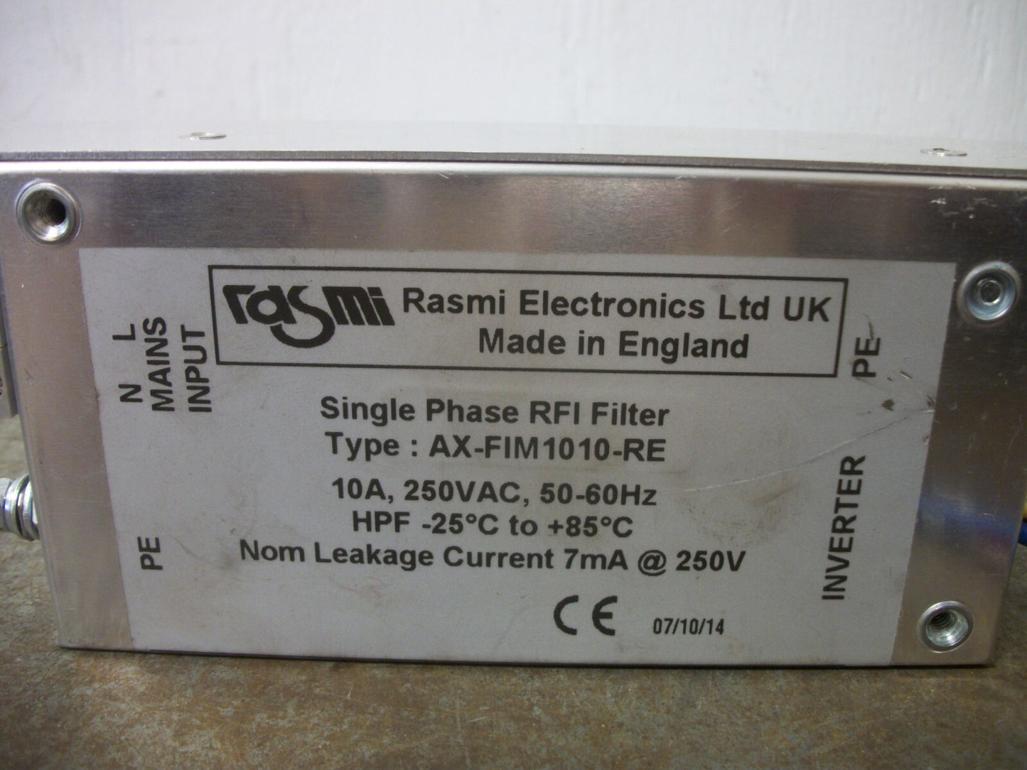 RASMI ELECTRONICS SINGLE PHASE RFI FILTER AX-FIM1010-RE 10AMP 250VOLT