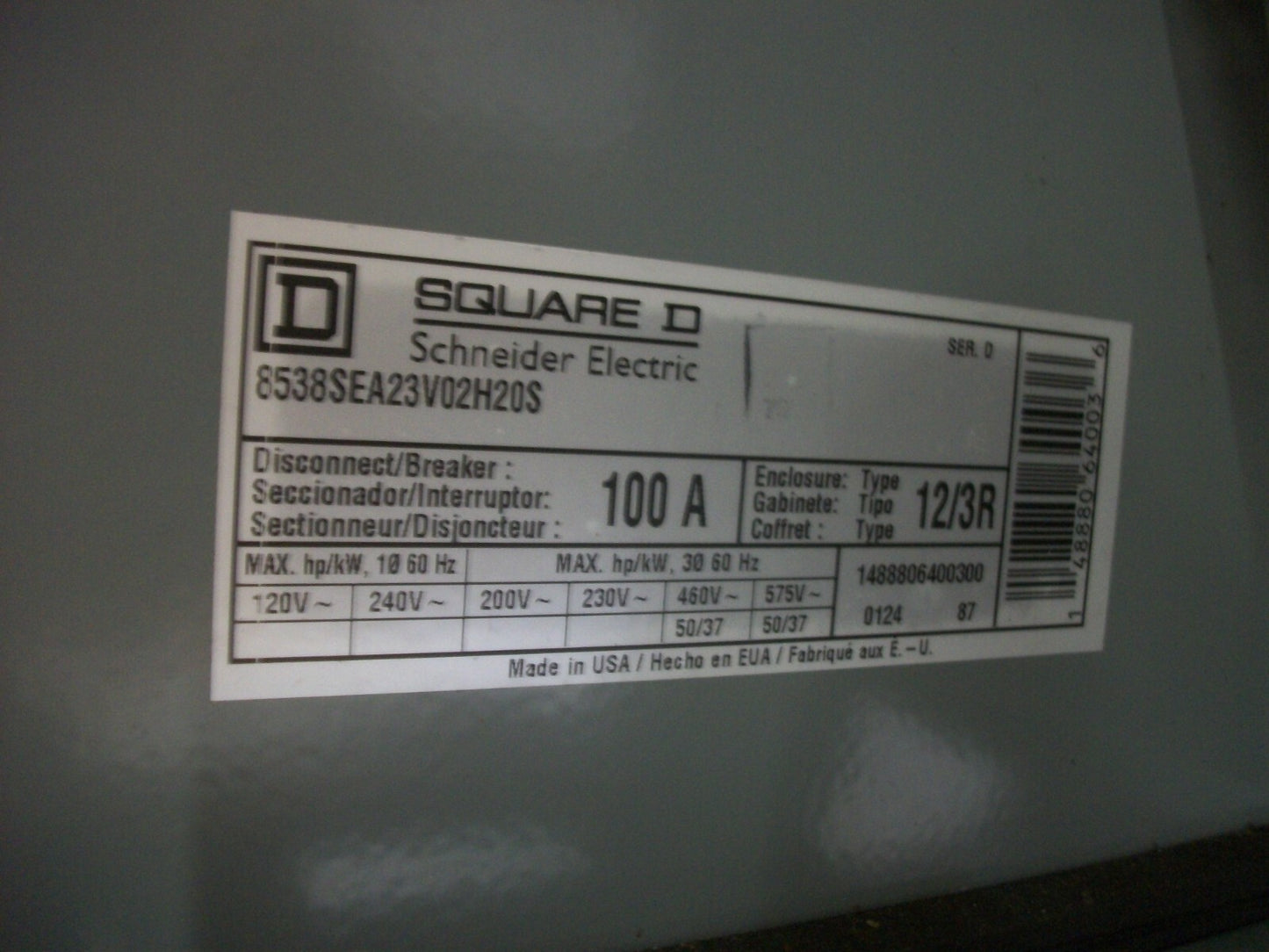 SQUARE D STARTER COMBO SIZE 3 TYPE 12/3R 8536SEO1H20S 120VCOIL 100AMP FUSIBLE