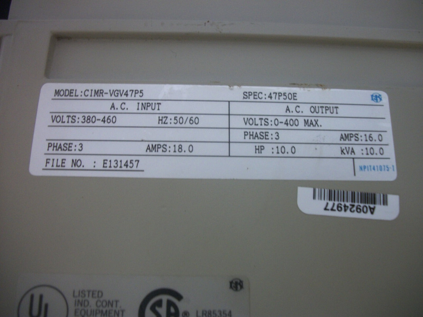 YASKAWA 10HP VARIABLE FREQUENCY DRIVE CIMR-VGV47P5 460VOLT 3PH 10KVA