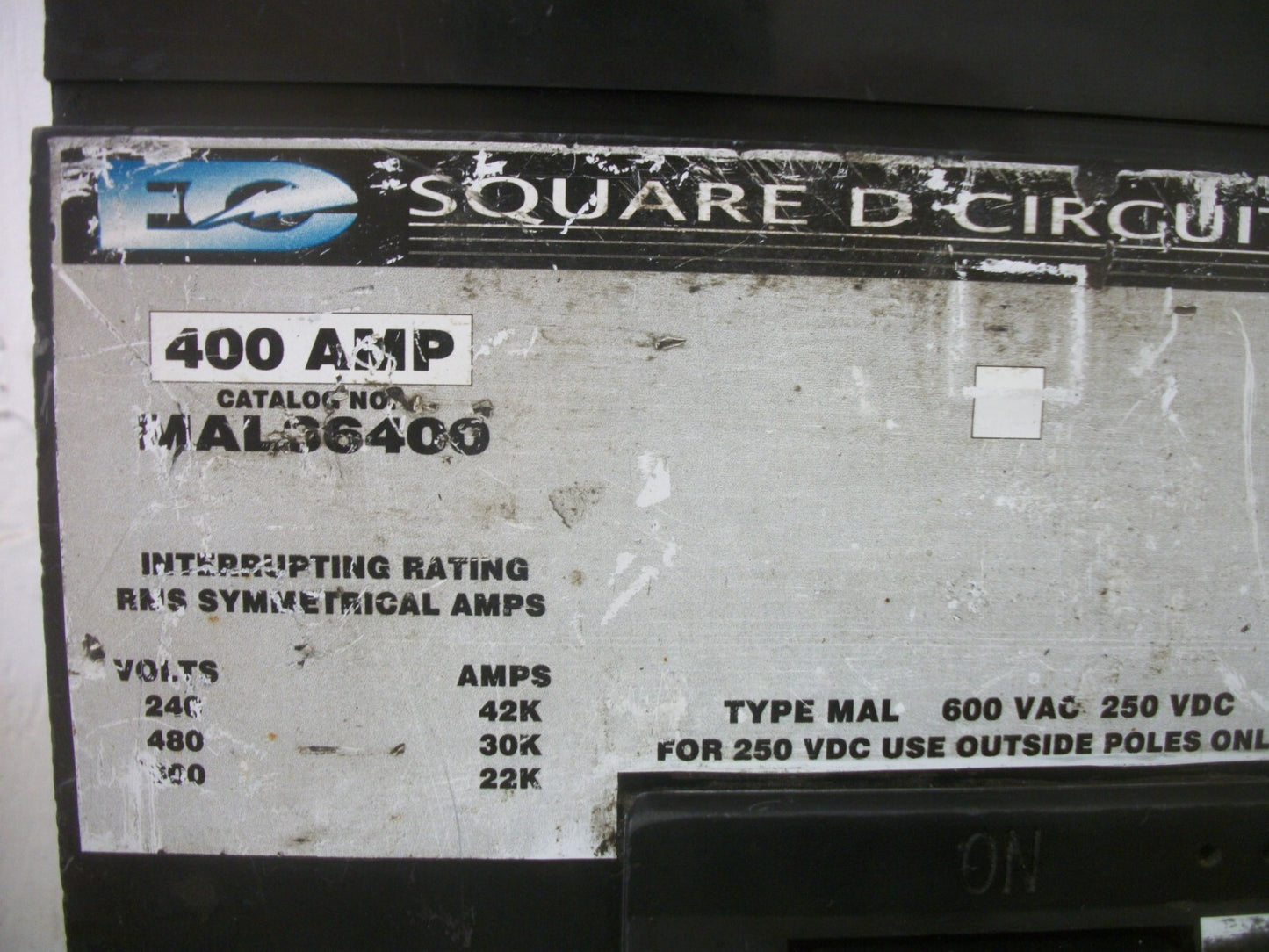 SQUARE D MAL CIRCUIT BREAKER MAL36400 400AMP 600VOLT 3POLE GRAY
