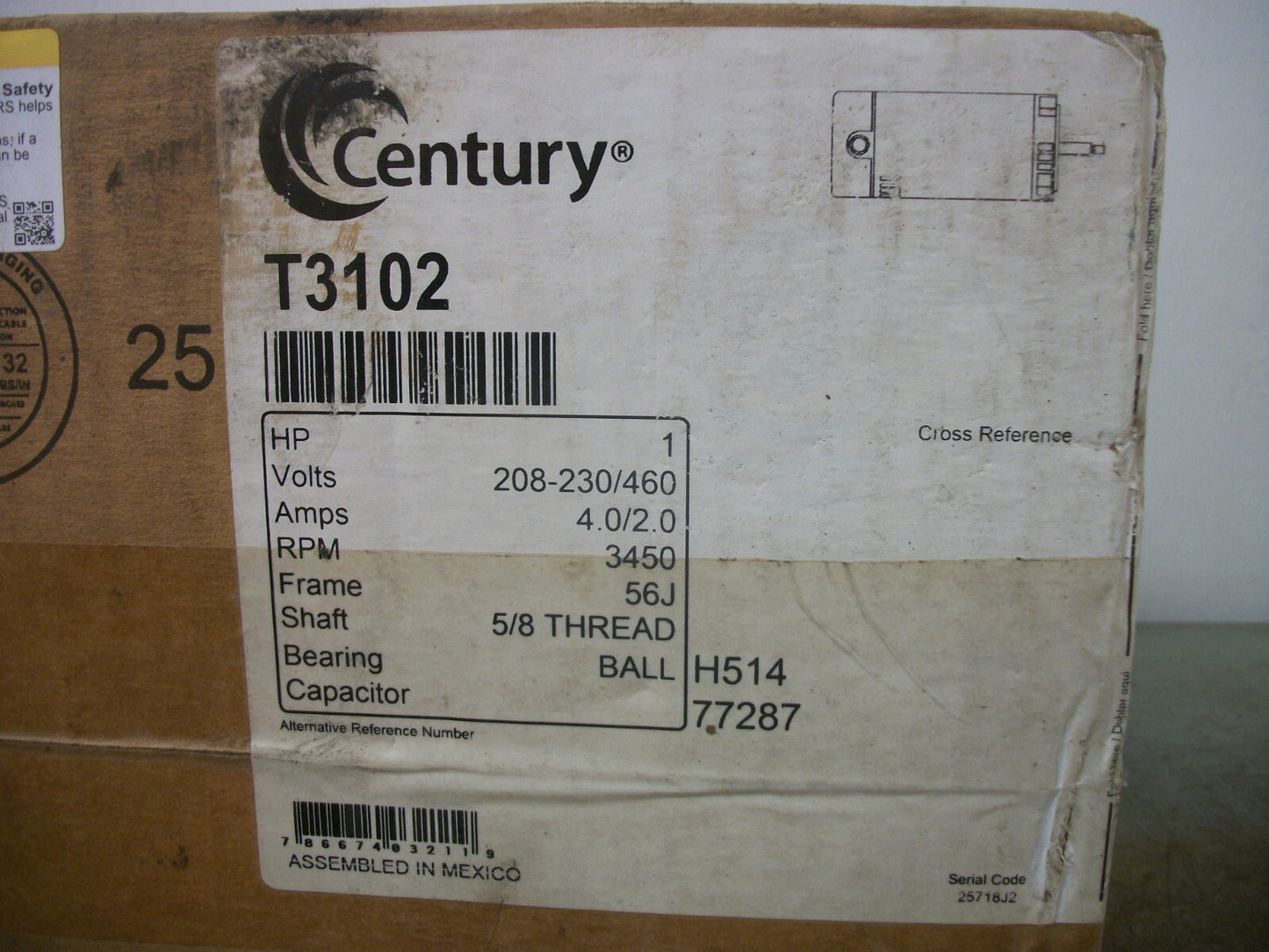 CENTURY 1HP 56J AC MOTOR T3102 460VOLT 3PH 3450RPM NIB