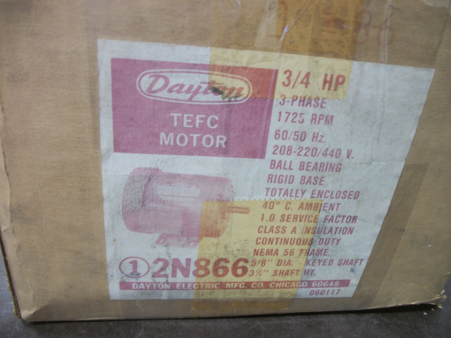 DAYTON 3/4HP F56 TEFC AC MOTOR 2N866Q 440VOLT 3PH 1425RPM NIB