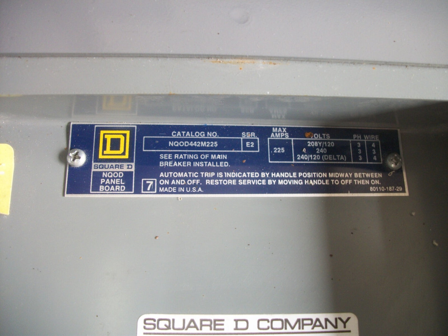 SQUARE D NQOD PANELBOARD NQOD442M225 225AMP 208Y120/240VOLT 3PH W/225A MAIN