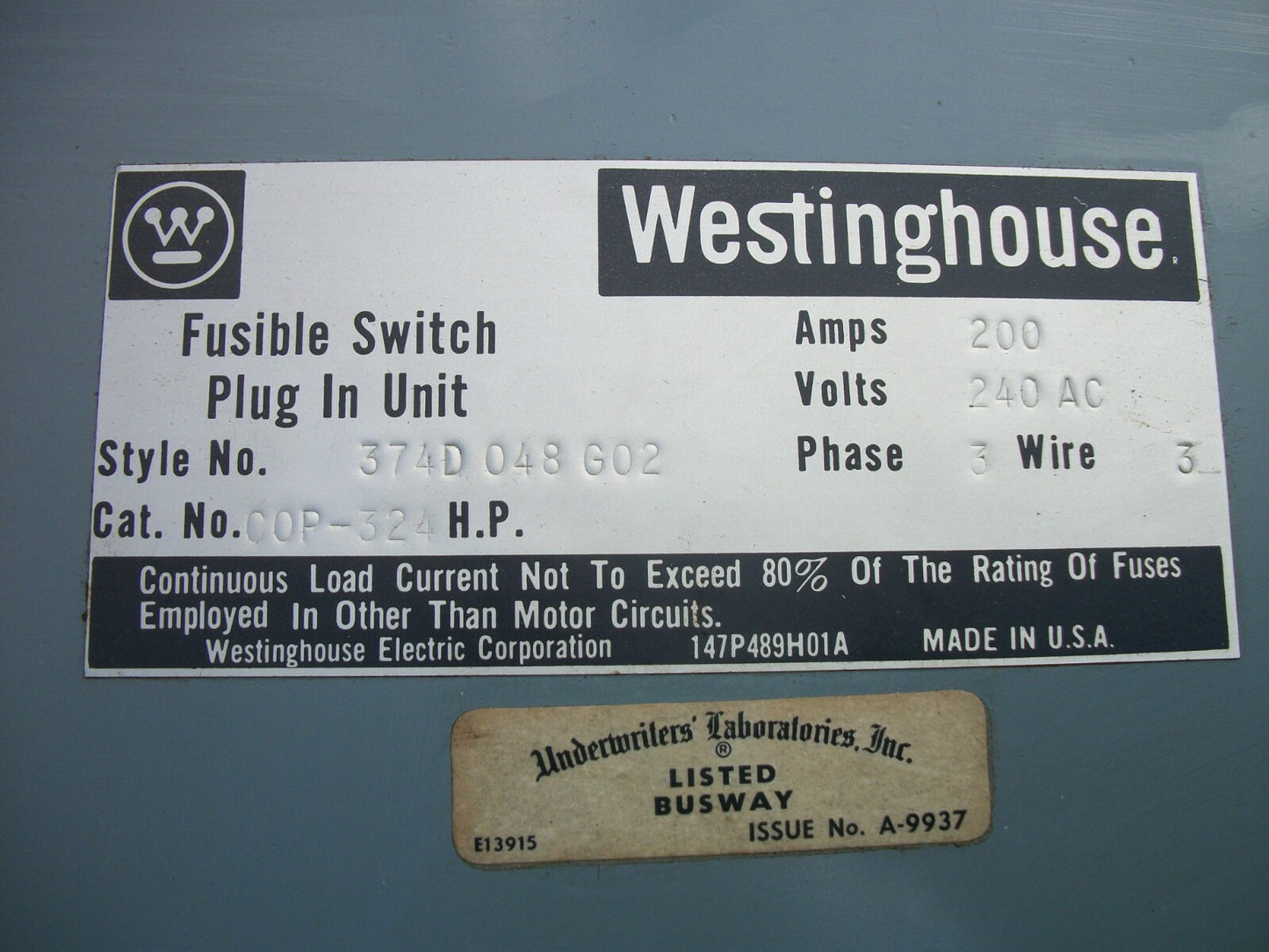 WESTINGHOUSE FUSIBLE BUS PLUG COP324 200AMP 240VOLT 3PH 3W