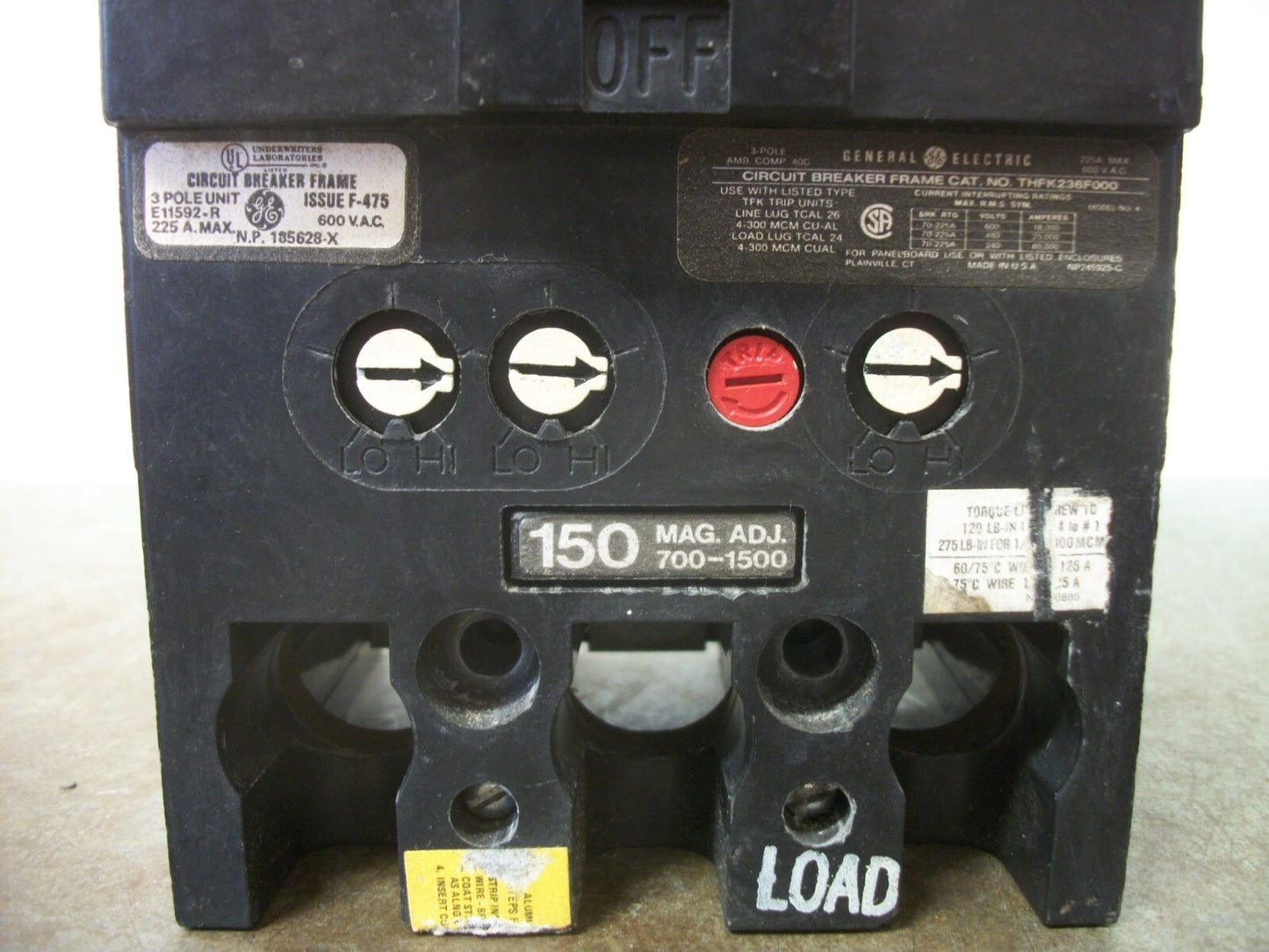 GE THFK CIRCUIT BREAKER THFK236F000 225AMP 600VOLT 3POLE W/150A TRIP