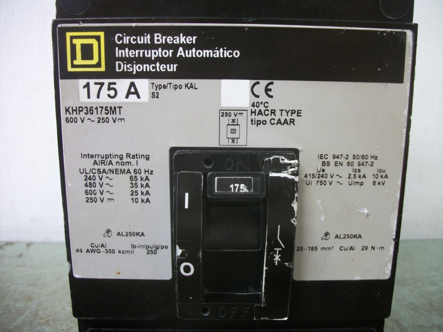 SQUARE D KHP CIRCUIT BREAKER KHP36175MT 175AMP 600VOLT 3POLE GRAY W/HARDWARE