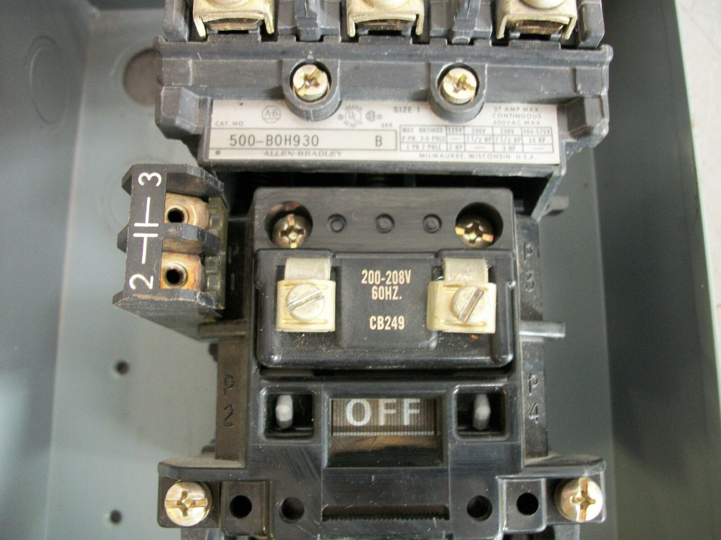 ALLEN-BRADLEY ENCL SIZE 1 CONTACTOR 500-BOH930 27AMP 208VCOIL 3PH 600V 10HP