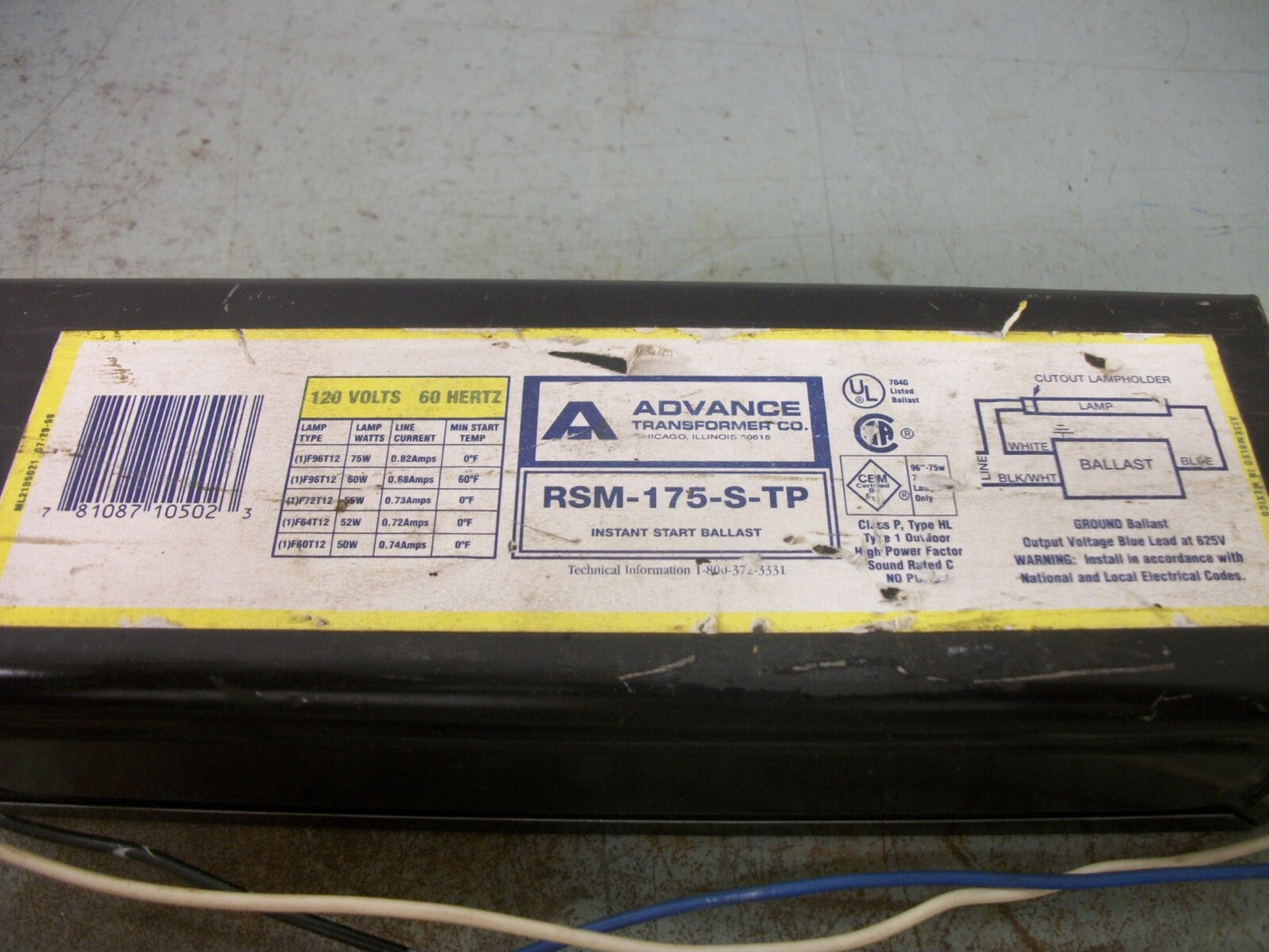 ADVANCE INSTANT START BALLAST RSM-175-S-TP 120VOLT