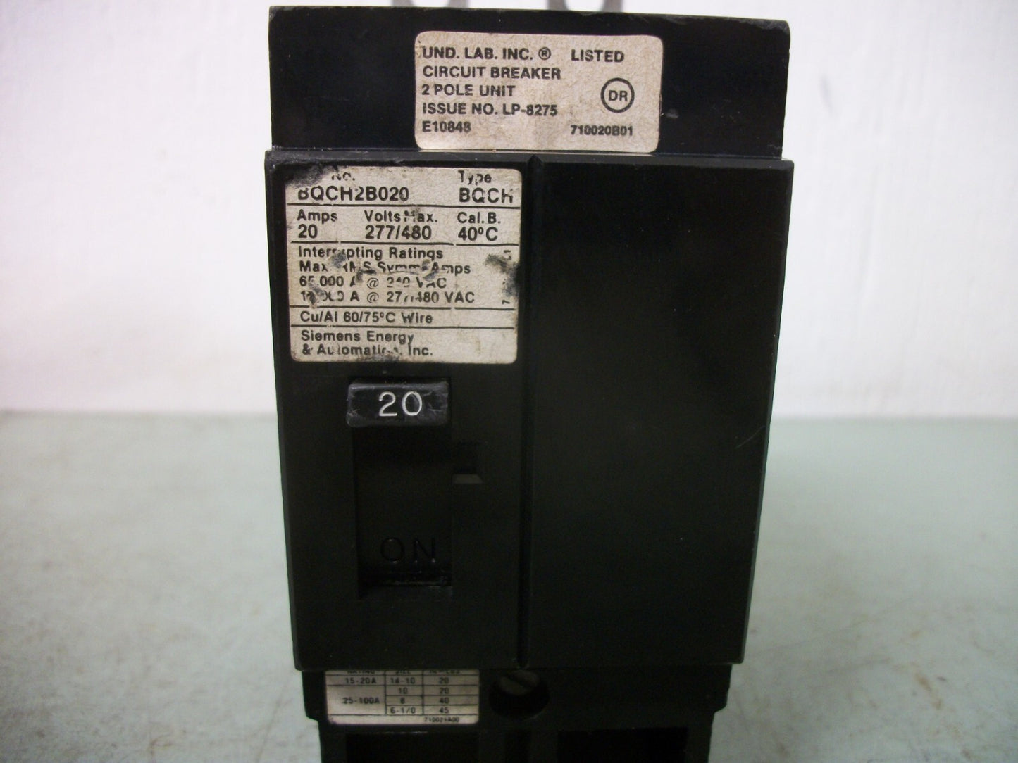 SIEMENS BQCH CIRCUIT BREAKER BQCH2B020 20AMP 480VOLT 2POLE