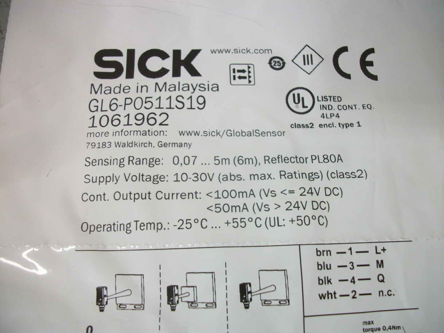 SICK PHOTOELECTRIC RETRO-REFLECTIVE SENSOR GL6-P0511S19 NEW