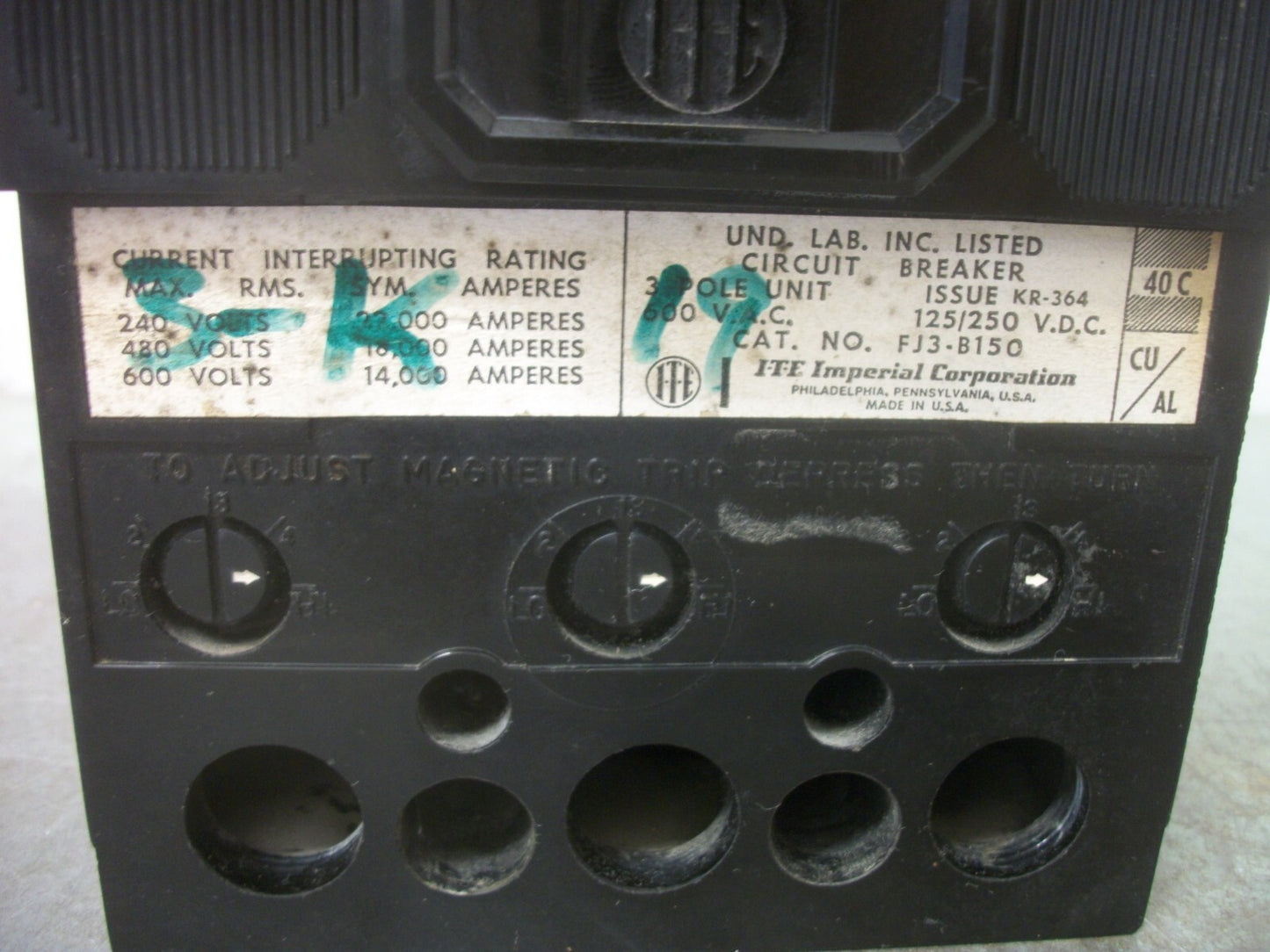 SIEMENS ITE FJ3 CIRCUIT BREAKER FJ3B150 150AMP 600VOLT 3POLE