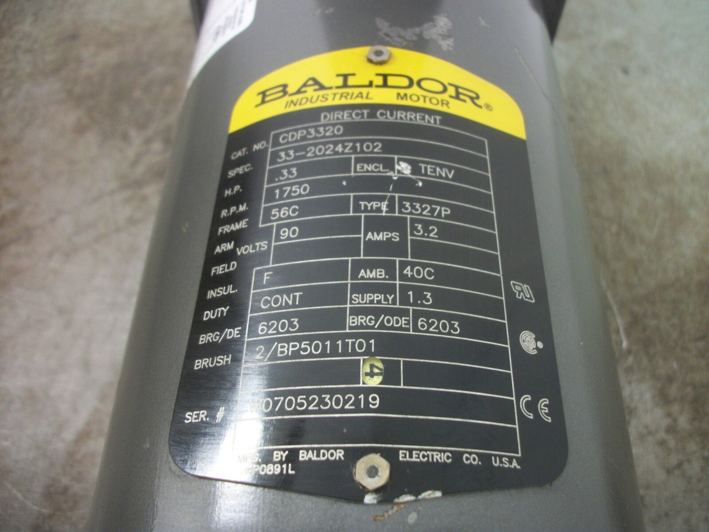 BALDOR .33HP 56C TENV DC MOTOR CDP3320 90VDC 1750RPM NOB