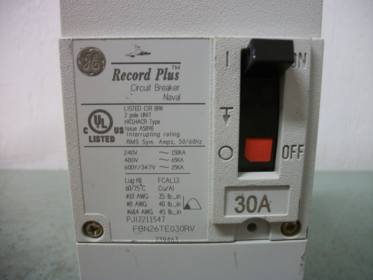 GE RECORD PLUS FBN CIRCUIT BREAKER FBN26TE030RV 30AMP 600VOLT 2POLE